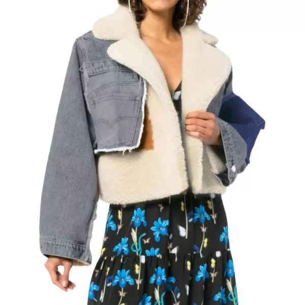 CHARTOU Women's Trendy Sherpa Fleece Patchwork Ripped Moto Biker Thick Quilted Denim Jacket Short Coat