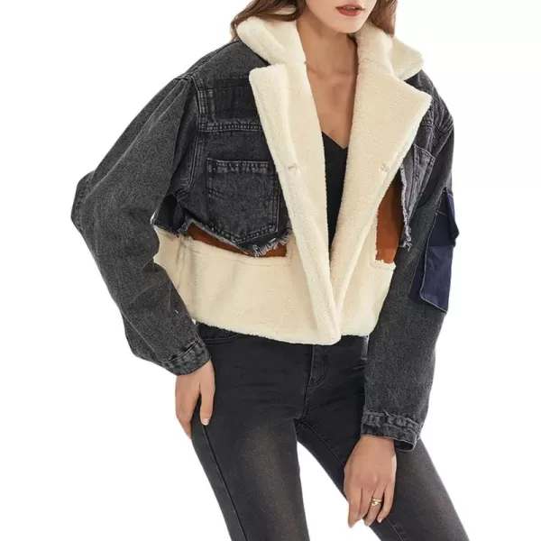 CHARTOU Women's Trendy Sherpa Fleece Patchwork Ripped Moto Biker Thick Quilted Denim Jacket Short Coat