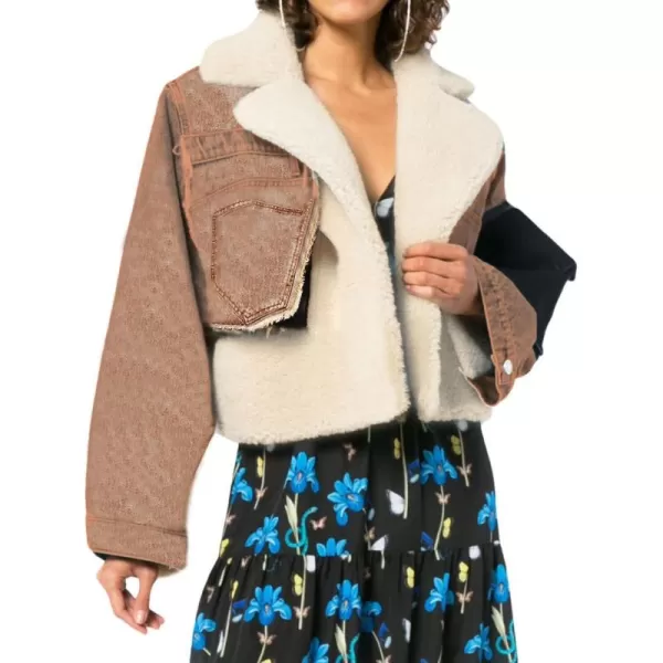 CHARTOU Women's Trendy Sherpa Fleece Patchwork Ripped Moto Biker Thick Quilted Denim Jacket Short Coat