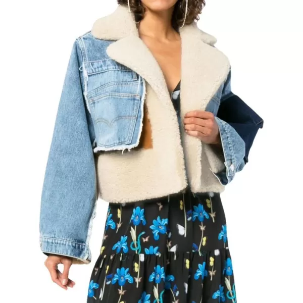 CHARTOU Women's Trendy Sherpa Fleece Patchwork Ripped Moto Biker Thick Quilted Denim Jacket Short Coat