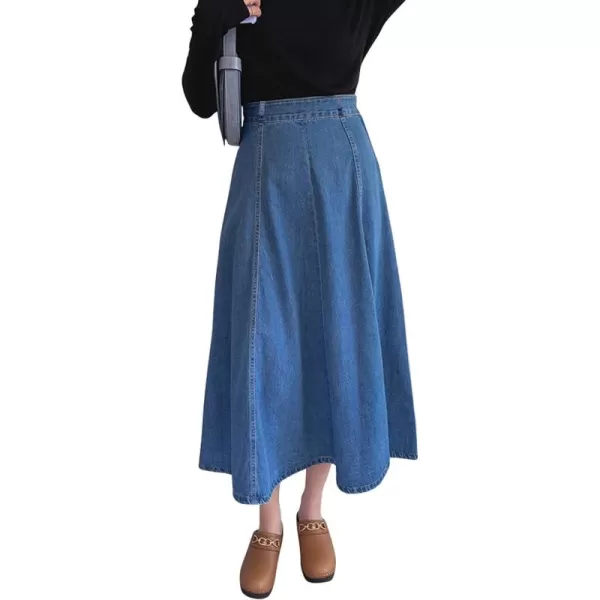 CHARTOU Women's Versatile High Waist Package Hip Flared A Line Midi Long Denim Skirt