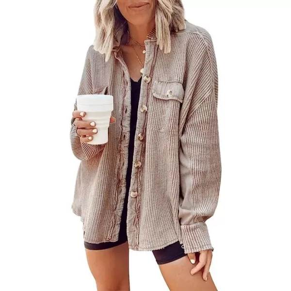 CHARTOU Women's Vintage Banded Collar Button Down Baggy Loose Fit Mid-Weight Frayed Waffle Knit Shacket Shirt Tops