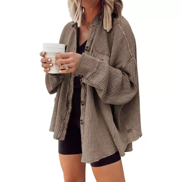 CHARTOU Women's Vintage Banded Collar Button Down Baggy Loose Fit Mid-Weight Frayed Waffle Knit Shacket Shirt Tops