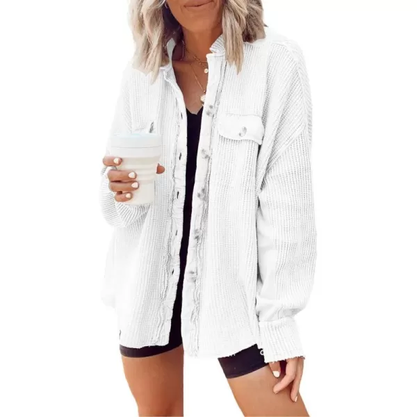 CHARTOU Women's Vintage Banded Collar Button Down Baggy Loose Fit Mid-Weight Frayed Waffle Knit Shacket Shirt Tops
