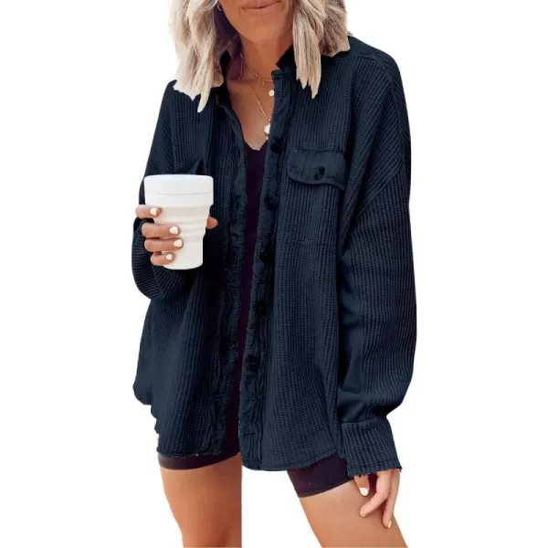 CHARTOU Women's Vintage Banded Collar Button Down Baggy Loose Fit Mid-Weight Frayed Waffle Knit Shacket Shirt Tops