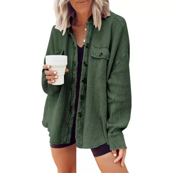 CHARTOU Women's Vintage Banded Collar Button Down Baggy Loose Fit Mid-Weight Frayed Waffle Knit Shacket Shirt Tops