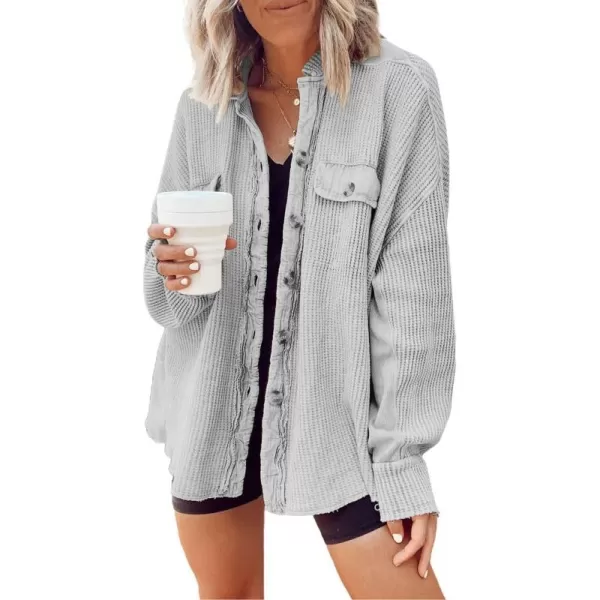 CHARTOU Women's Vintage Banded Collar Button Down Baggy Loose Fit Mid-Weight Frayed Waffle Knit Shacket Shirt Tops