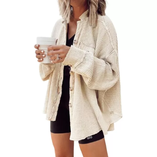 CHARTOU Women's Vintage Banded Collar Button Down Baggy Loose Fit Mid-Weight Frayed Waffle Knit Shacket Shirt Tops