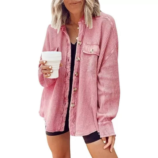 CHARTOU Women's Vintage Banded Collar Button Down Baggy Loose Fit Mid-Weight Frayed Waffle Knit Shacket Shirt Tops
