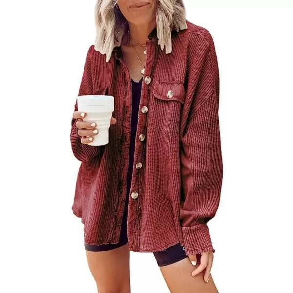 CHARTOU Women's Vintage Banded Collar Button Down Baggy Loose Fit Mid-Weight Frayed Waffle Knit Shacket Shirt Tops