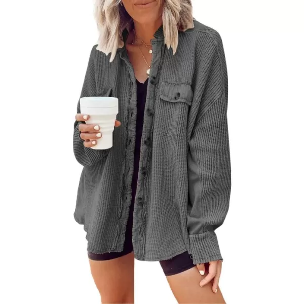 CHARTOU Women's Vintage Banded Collar Button Down Baggy Loose Fit Mid-Weight Frayed Waffle Knit Shacket Shirt Tops