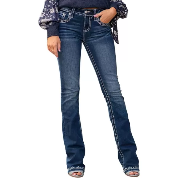 CHARTOU Women's Vintage Wash Embroidery Beaded Mid-Rise Distressed Ripped Bootcut Jeans