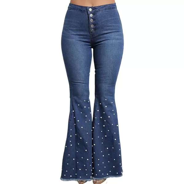 CHARTOU Women's Wash Beaded Sexy Curvy High-Rise Butt Lift Frayed Fringe Bell Bottom Jeans