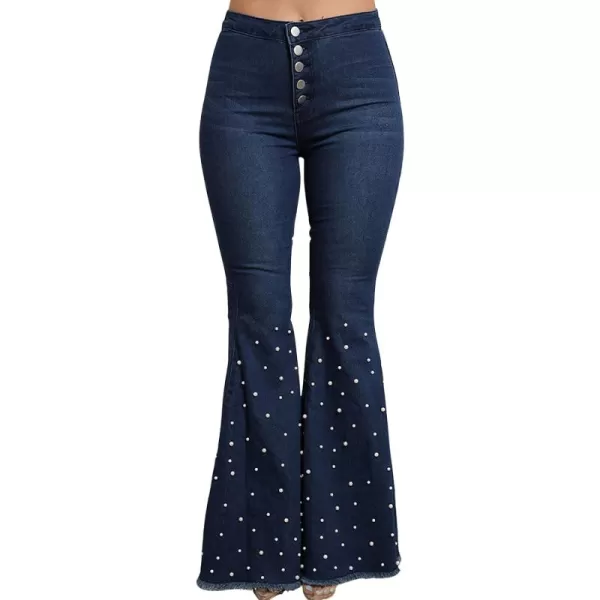 CHARTOU Women's Wash Beaded Sexy Curvy High-Rise Butt Lift Frayed Fringe Bell Bottom Jeans
