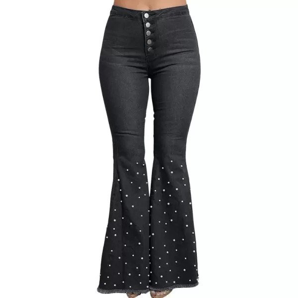 CHARTOU Women's Wash Beaded Sexy Curvy High-Rise Butt Lift Frayed Fringe Bell Bottom Jeans