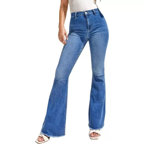 CHARTOU Women's Washed Mid Rise Frayed Raw Hem Skinny Stretchy Bootcut Jeans