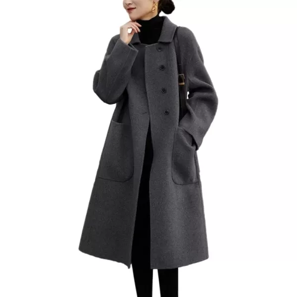 CHARTOU Women's Wool Blend Pea Coat Notch Lapel Winter Coat Midi Long Oversized Overcoat