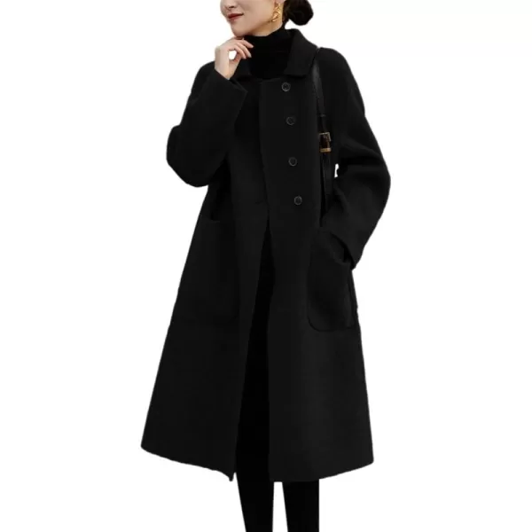 CHARTOU Women's Wool Blend Pea Coat Notch Lapel Winter Coat Midi Long Oversized Overcoat