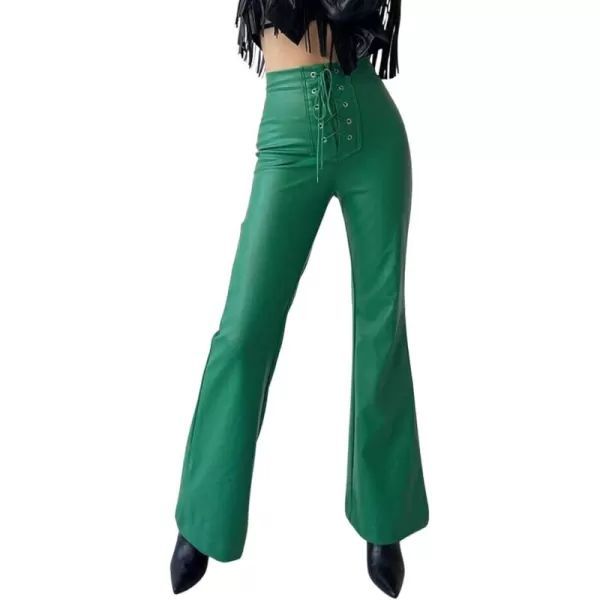 CHARTOU Women's Y2k Style Lace Up High Waist PU Leather Flare Bell Bottom Skinny Pants