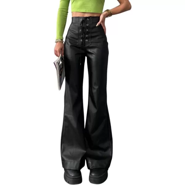CHARTOU Women's Y2k Style Lace Up High Waist PU Leather Flare Bell Bottom Skinny Pants