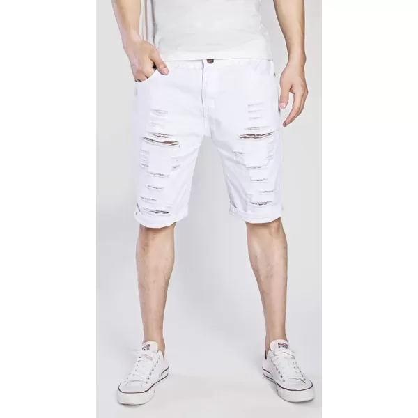 CHARTOU Men's Classic Fit Mid-Rise Distressed Ripped Knee-Length Washed Denim Shorts