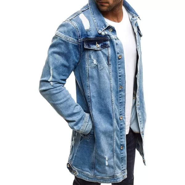 CHARTOU Men's Wash Distressed Ripped Button Down Long Denim Jean Jacket Overcoat
