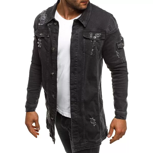 CHARTOU Men's Wash Distressed Ripped Button Down Long Denim Jean Jacket Overcoat