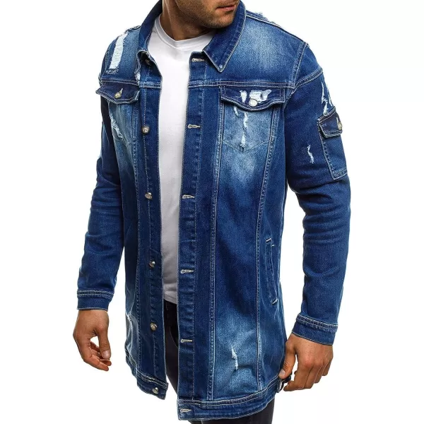 CHARTOU Men's Wash Distressed Ripped Button Down Long Denim Jean Jacket Overcoat