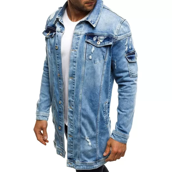 CHARTOU Men's Wash Distressed Ripped Button Down Long Denim Jean Jacket Overcoat