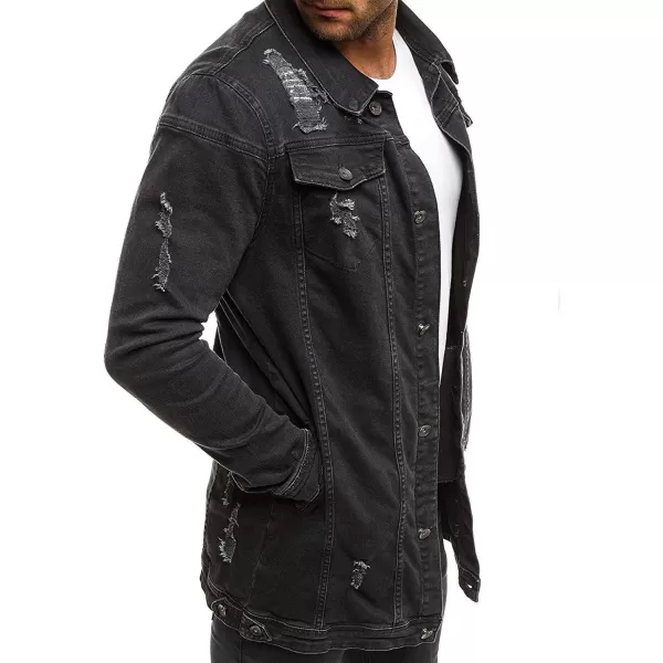 CHARTOU Men's Wash Distressed Ripped Button Down Long Denim Jean Jacket Overcoat