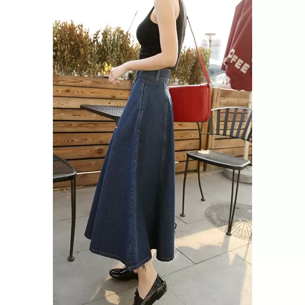 CHARTOU Vintage Long Jean Skirt for Women Denim A Line Skirt Ruffle High Waist Flared Pleated Jean Skirt