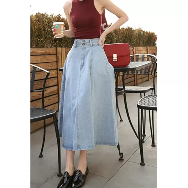 CHARTOU Vintage Long Jean Skirt for Women Denim A Line Skirt Ruffle High Waist Flared Pleated Jean Skirt