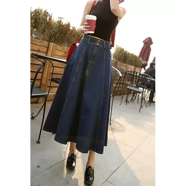 CHARTOU Vintage Long Jean Skirt for Women Denim A Line Skirt Ruffle High Waist Flared Pleated Jean Skirt