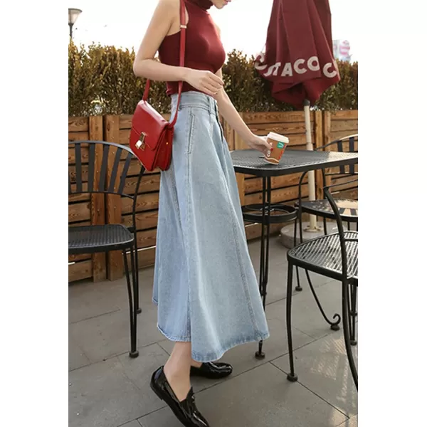 CHARTOU Vintage Long Jean Skirt for Women Denim A Line Skirt Ruffle High Waist Flared Pleated Jean Skirt