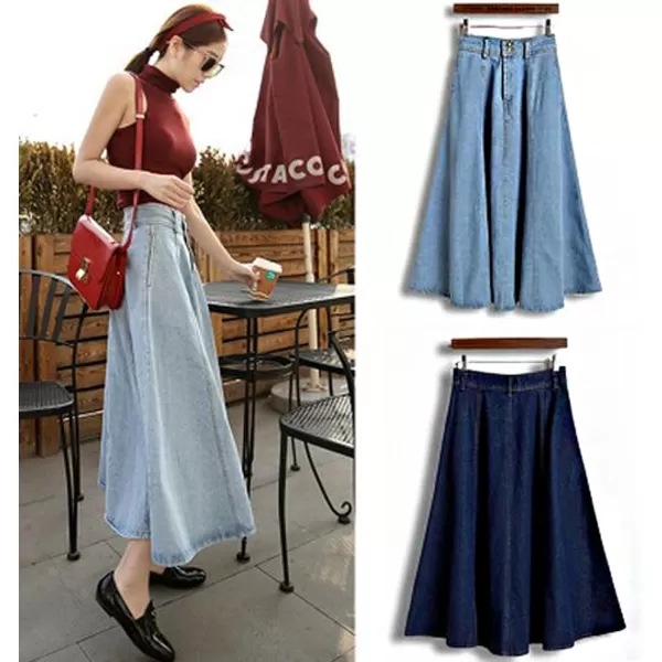 CHARTOU Vintage Long Jean Skirt for Women Denim A Line Skirt Ruffle High Waist Flared Pleated Jean Skirt