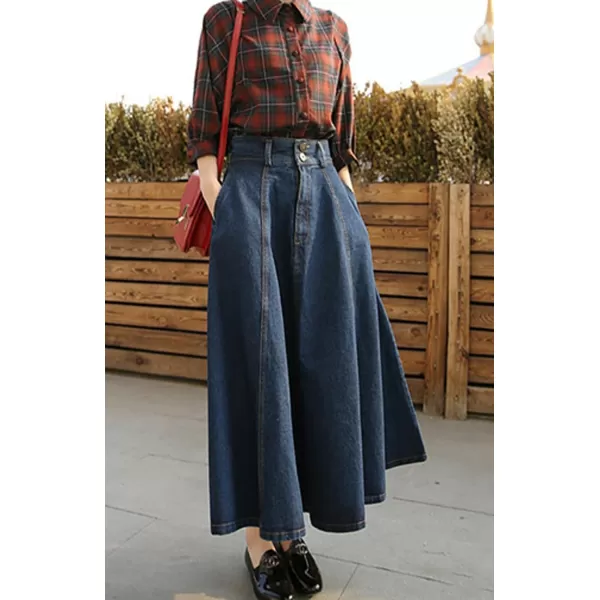 CHARTOU Vintage Long Jean Skirt for Women Denim A Line Skirt Ruffle High Waist Flared Pleated Jean Skirt