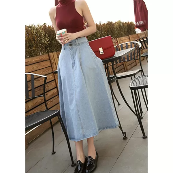 CHARTOU Vintage Long Jean Skirt for Women Denim A Line Skirt Ruffle High Waist Flared Pleated Jean Skirt