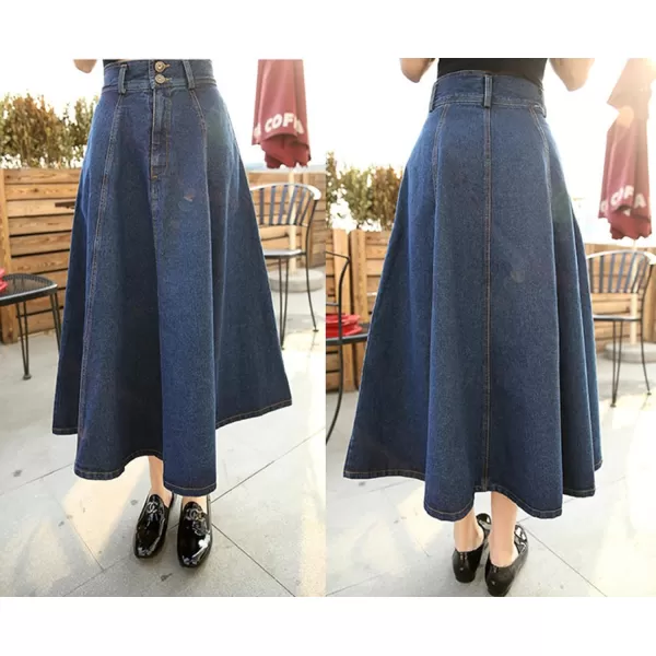 CHARTOU Vintage Long Jean Skirt for Women Denim A Line Skirt Ruffle High Waist Flared Pleated Jean Skirt