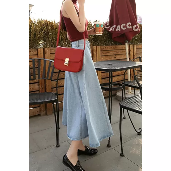 CHARTOU Vintage Long Jean Skirt for Women Denim A Line Skirt Ruffle High Waist Flared Pleated Jean Skirt