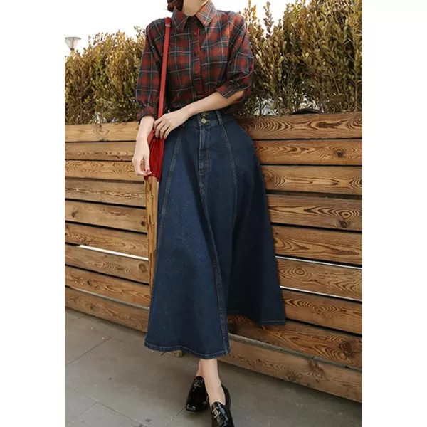 CHARTOU Vintage Long Jean Skirt for Women Denim A Line Skirt Ruffle High Waist Flared Pleated Jean Skirt