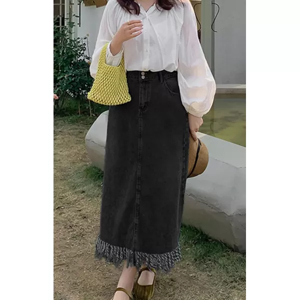 CHARTOU Women Casual Distressed Ripped Denim Jean A Line Skirt Frayed Hem Elastic Back Tassel Long Skirt
