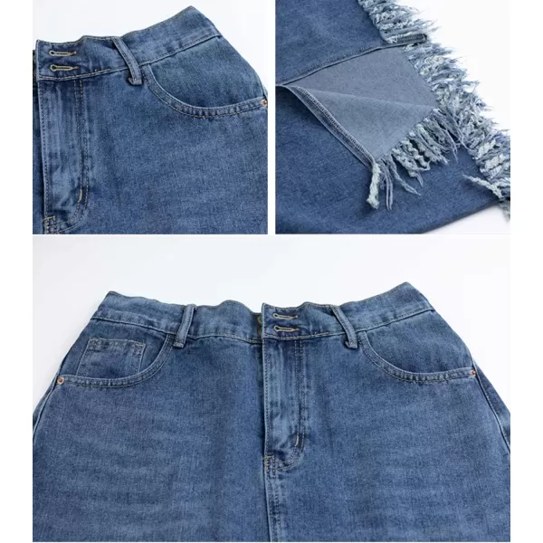 CHARTOU Women Casual Distressed Ripped Denim Jean A Line Skirt Frayed Hem Elastic Back Tassel Long Skirt