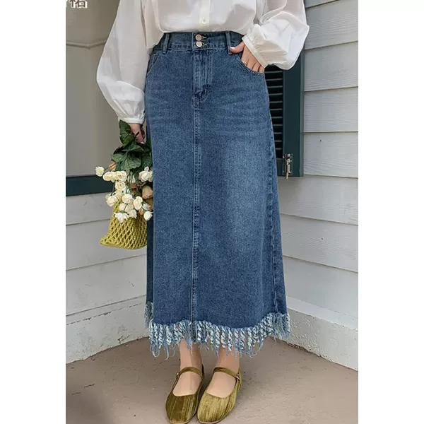 CHARTOU Women Casual Distressed Ripped Denim Jean A Line Skirt Frayed Hem Elastic Back Tassel Long Skirt