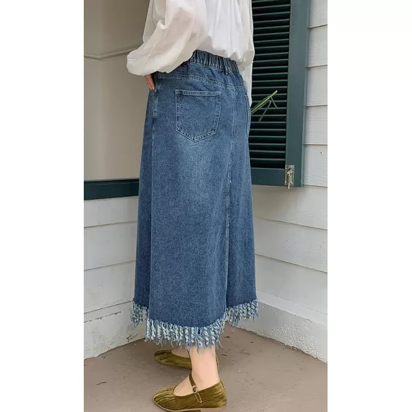 CHARTOU Women Casual Distressed Ripped Denim Jean A Line Skirt Frayed Hem Elastic Back Tassel Long Skirt