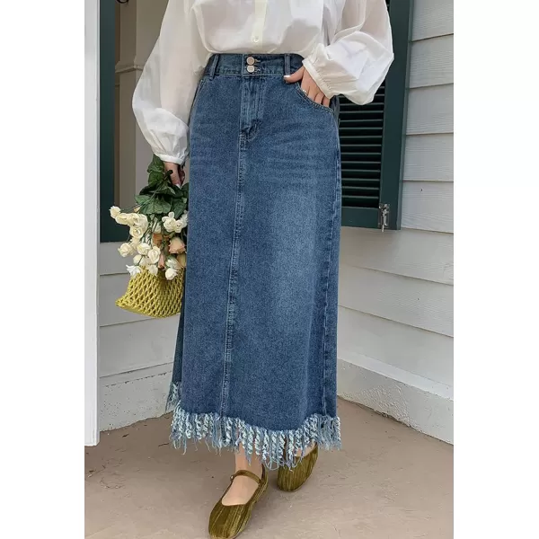 CHARTOU Women Casual Distressed Ripped Denim Jean A Line Skirt Frayed Hem Elastic Back Tassel Long Skirt