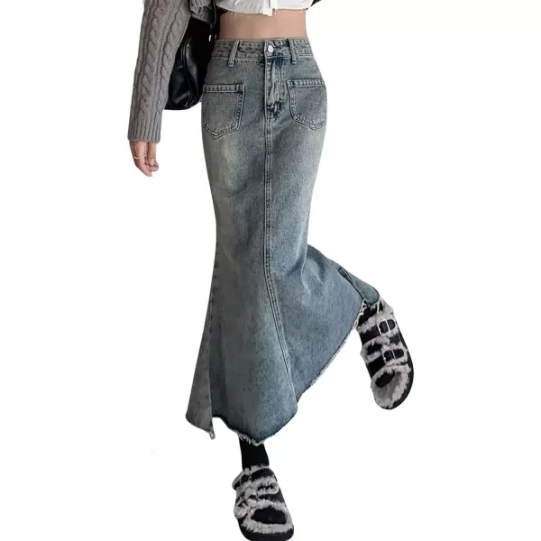 CHARTOU Women Casual Frayed Fishtail Denim Maxi Skirt Long Jean Skirt Mermaid Distressed Flared A Line Skirt