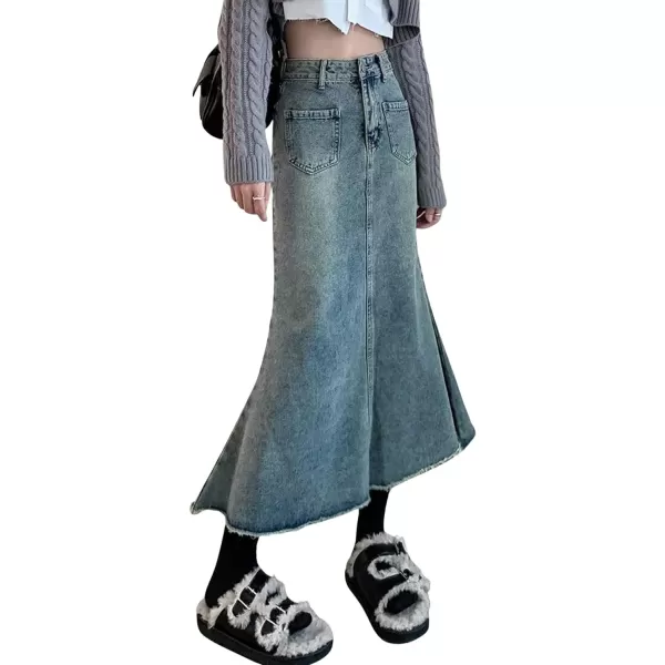 CHARTOU Women Casual Frayed Fishtail Denim Maxi Skirt Long Jean Skirt Mermaid Distressed Flared A Line Skirt