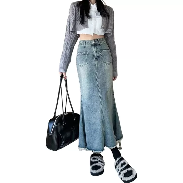 CHARTOU Women Casual Frayed Fishtail Denim Maxi Skirt Long Jean Skirt Mermaid Distressed Flared A Line Skirt