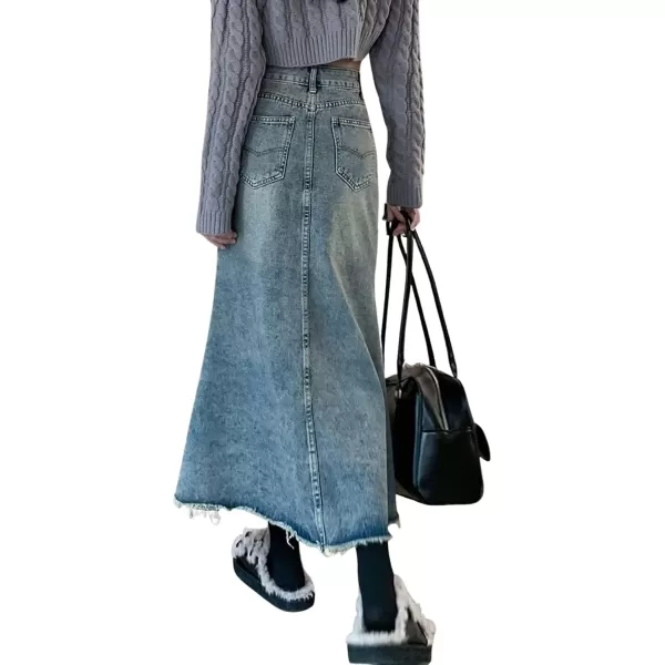 CHARTOU Women Casual Frayed Fishtail Denim Maxi Skirt Long Jean Skirt Mermaid Distressed Flared A Line Skirt
