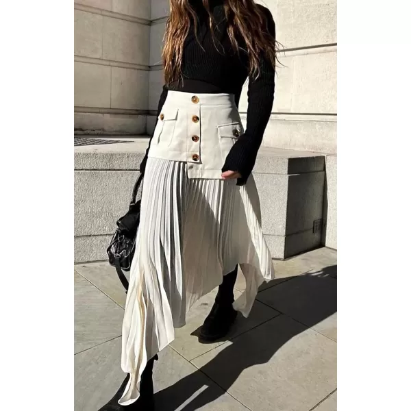 CHARTOU Women Dressy Asymmetrical Chiffon Maxi Skirt Flowy Patchwork A Line Long Pleated Skirt